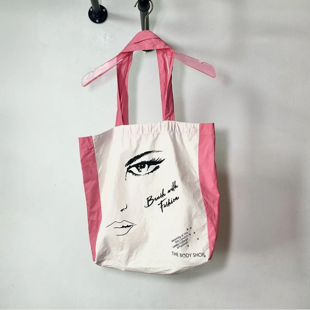 2008 The Body Shop cotton pink & white face tote bag 3x13.5x15